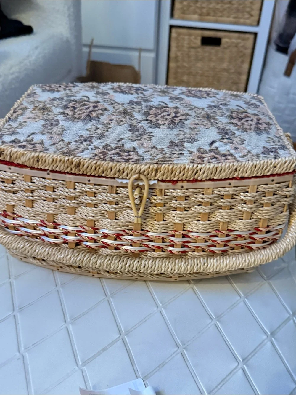 Vintage Penney's Fashion Wicker Sewing Basket with Floral Lid Cottagecore
